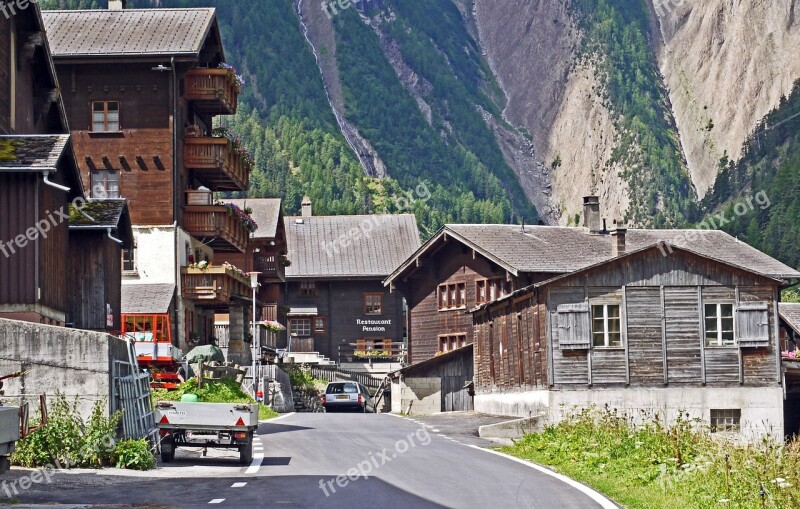 Switzerland Valais Bergdorf Wooden Houses Mountains