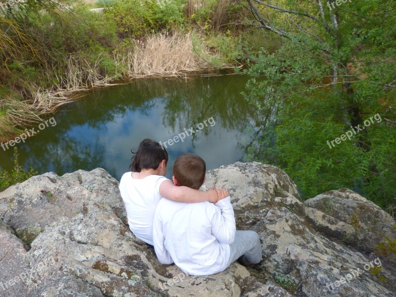 Children Lake Friendship Boy And Girl Rock