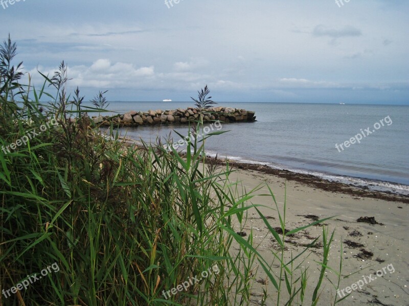 Kattegat Denmark Ferry On The Horizon Breakwater Beach