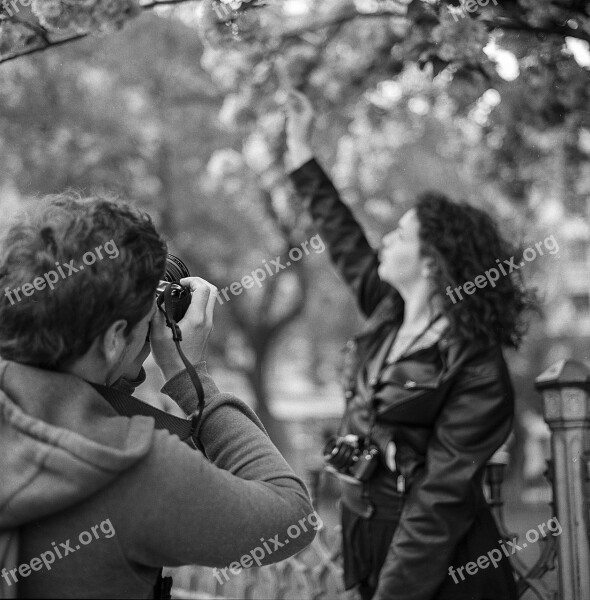 Photographer Girl Taking Photos Spring Flowers Bloom