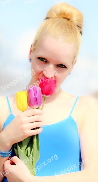 Blonde Girl Beauty Tulips Women's Flowers