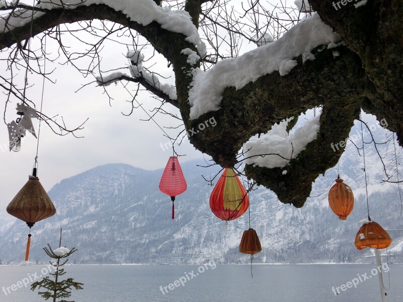 Hallstatt Lake Lampion Lantern Snow