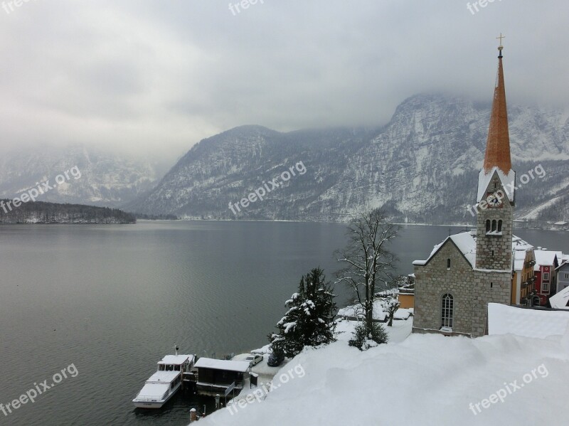 Hallstatt Lake Winter Austria Church