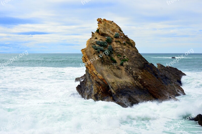 Basque Coast Rock Ocean Wave Scum