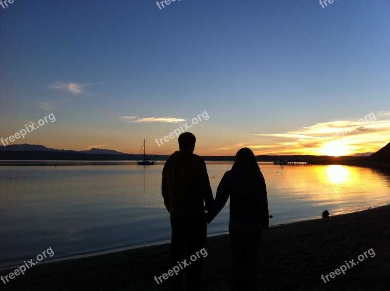 Couple Beach Walking Holding Hands Sunset