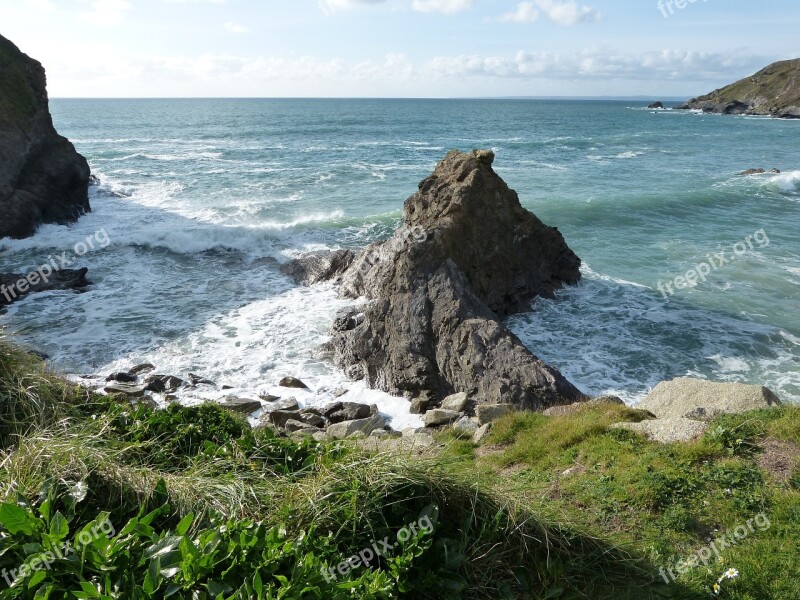 Rocks Coastline Cornwall Sea Wave