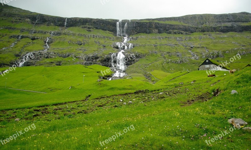 Faroes Cascades Pastures Cliffs Free Photos