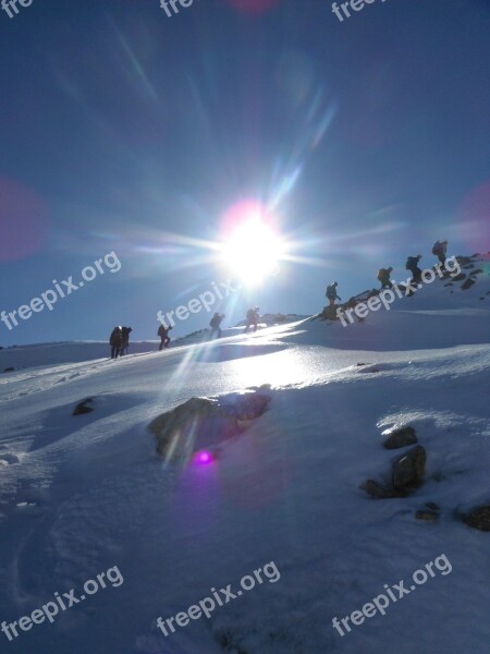 Mountain Snow Sun People Trekking