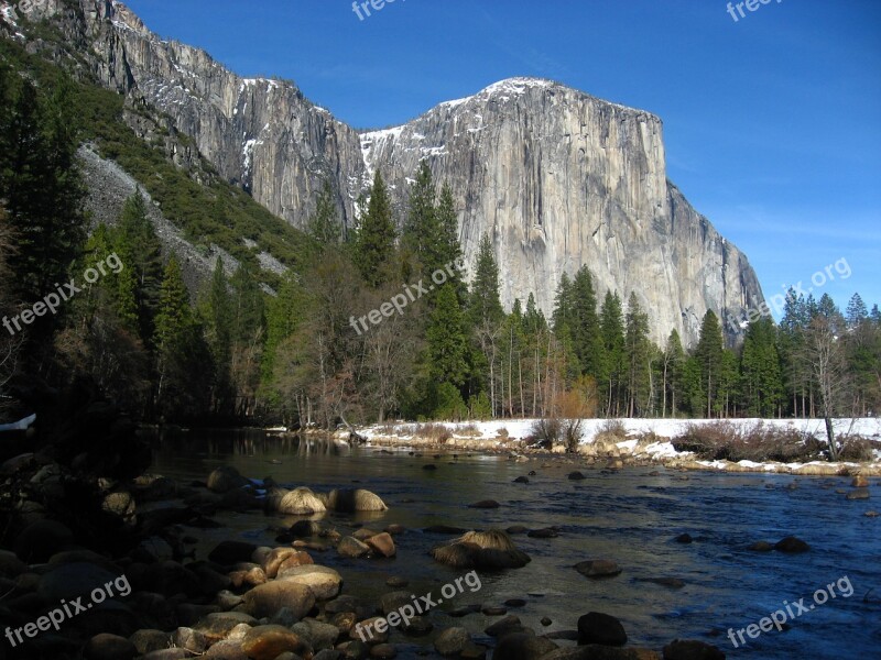 Yosemite Mountain River Snow Valley