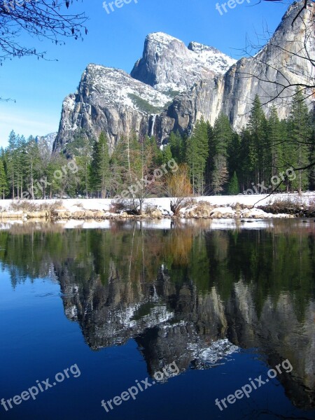 Yosemite Mountain Snow River Forest