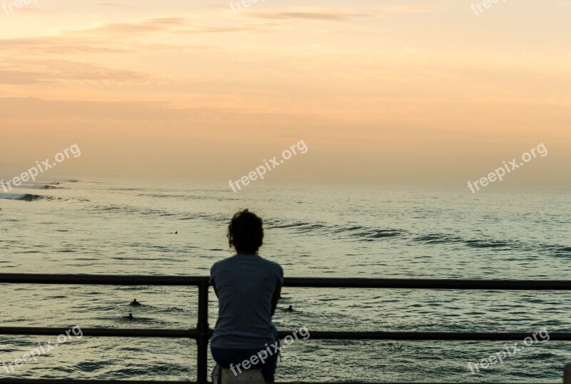 Sunrise Woman Watching Sea Sky