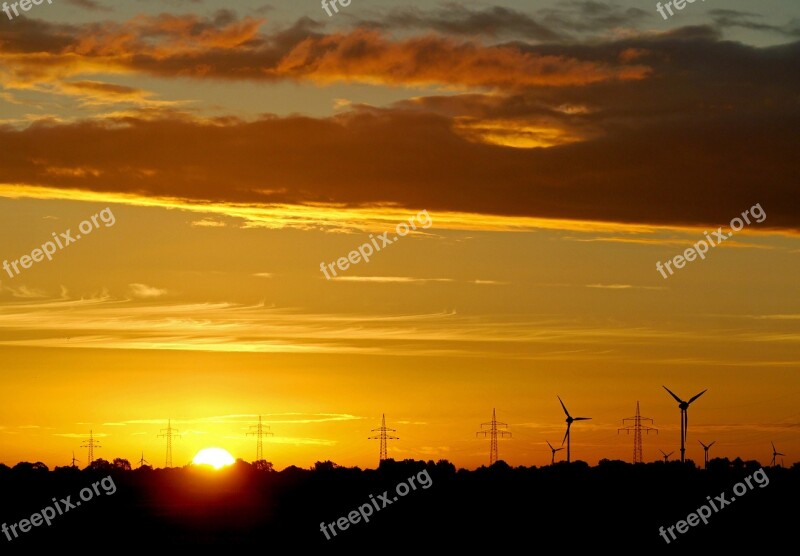 Sunrise East Frisia Windräder High Voltage Clouds