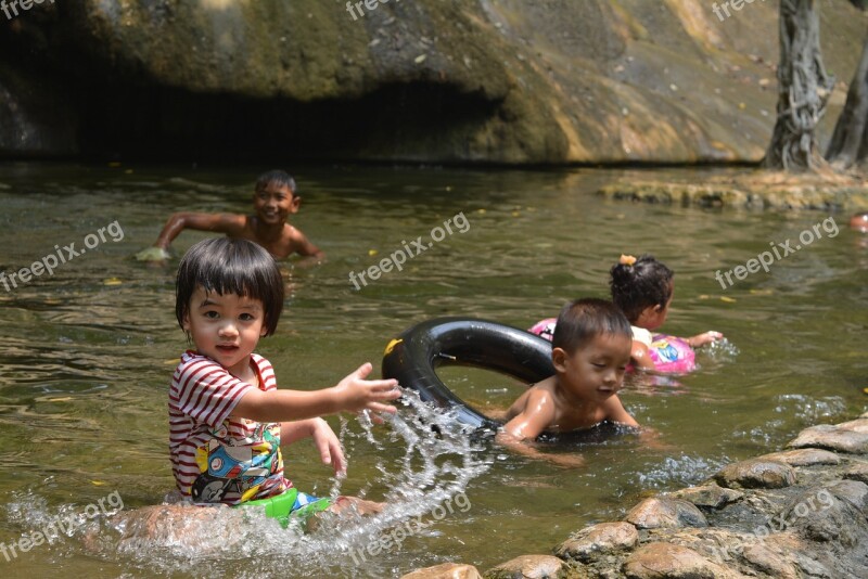 Waterfall Kids Cute Summer The Swimming Pool