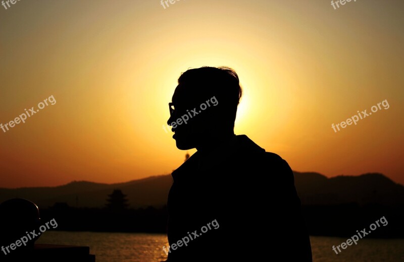 Silhouette Man Sunset Orange Sky Evening