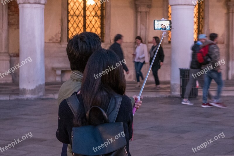 Evening Selfie Selfiestick Tourists Venice