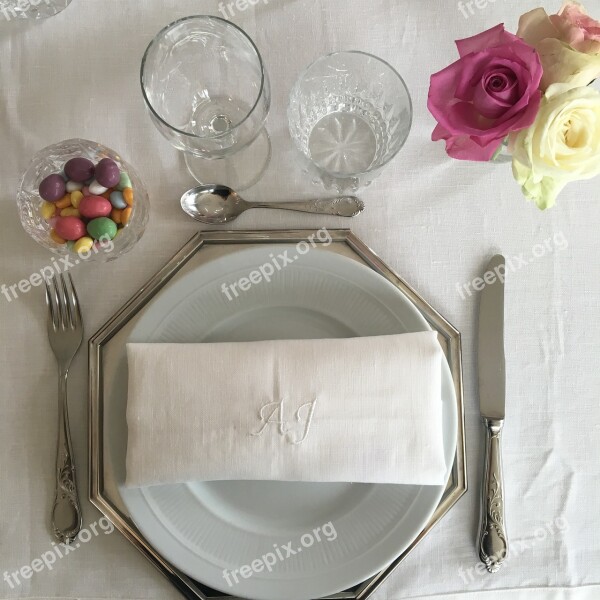 Table Flowers Pink Plates Glasses