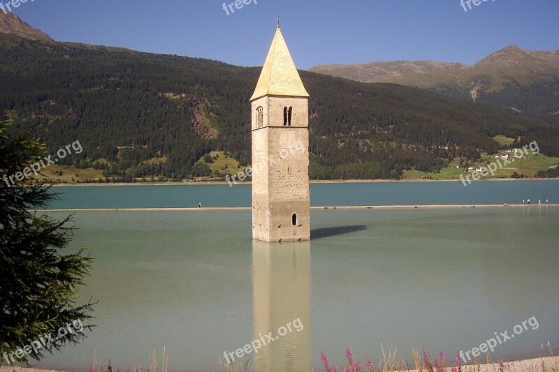 Reschen Pass Tower In Water Landscape Free Photos