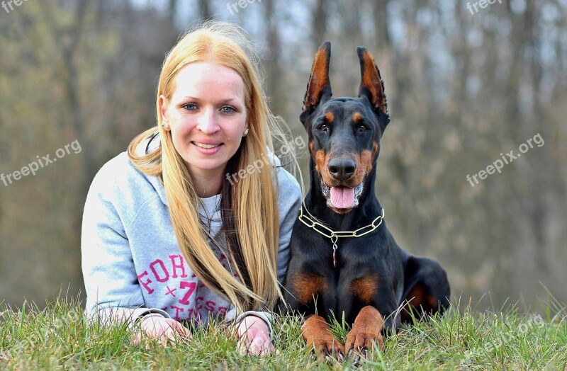 Dog And Woman Naturally Doberman Dog Animal