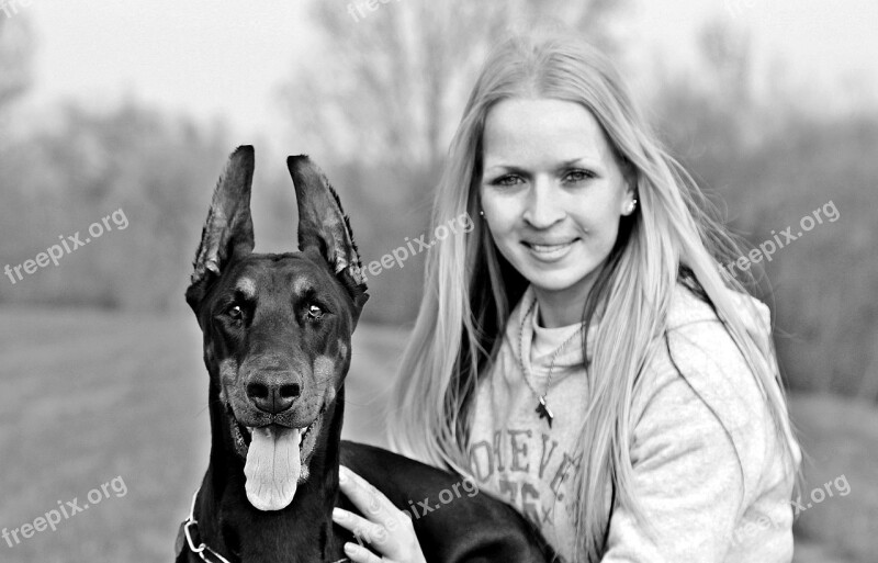 I Dog And Woman Black And White Doberman Dog