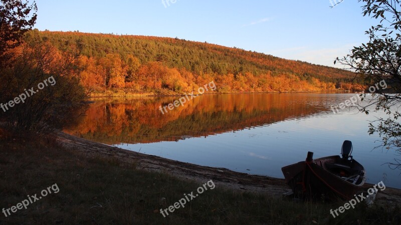 Fall Colors Lake Boat Orange