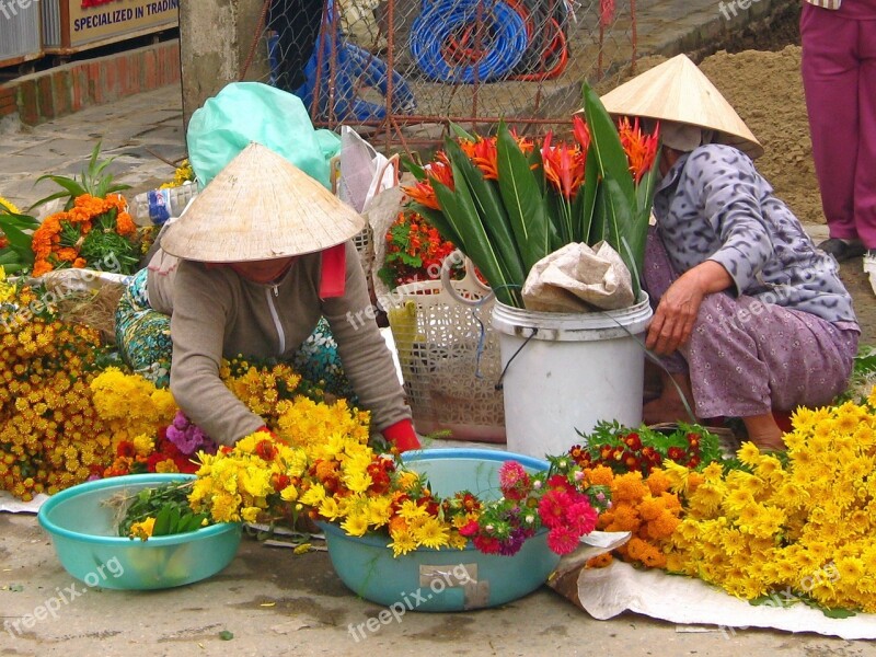 Market Women Flower Vietnam Traditional