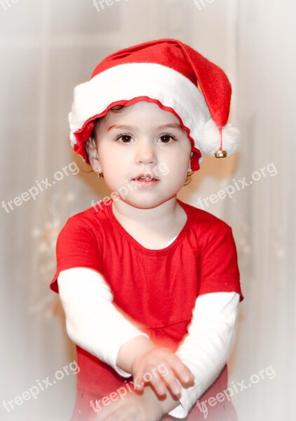 Little Girl Nice Santa Claus Red Kid