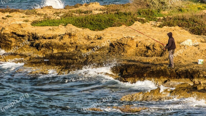 Cyprus Kappari Rocky Coast Fisherman Free Photos