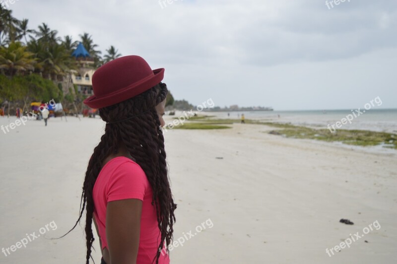 Woman Hat Beach Young Girl