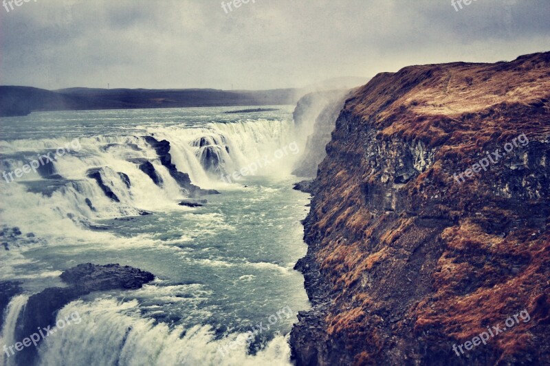 Waterfall Iceland Gullfoss River Stream