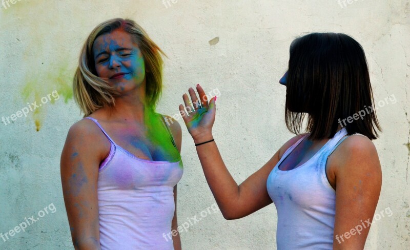 Girls Friends Colors Holi Powder