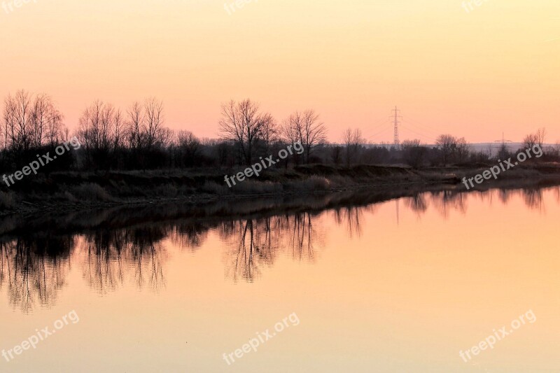 Lake Trees Sunset Mirrored Trees Landscape