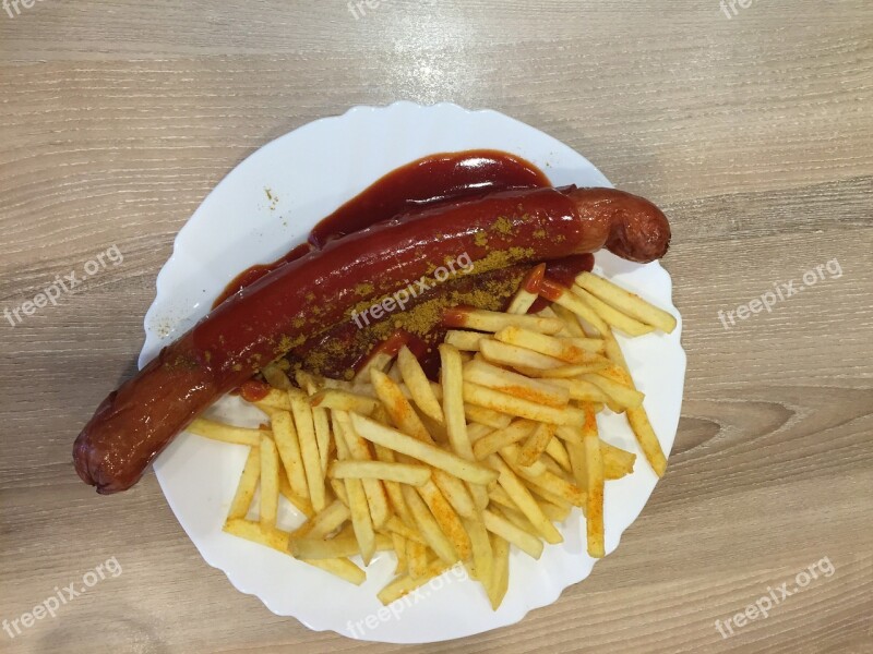 Currywurst Giant Curry Sausage French French Fries Eat