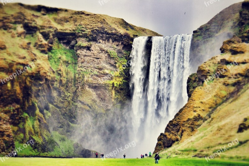 Skogafoss Waterfall Iceland Stream Europe