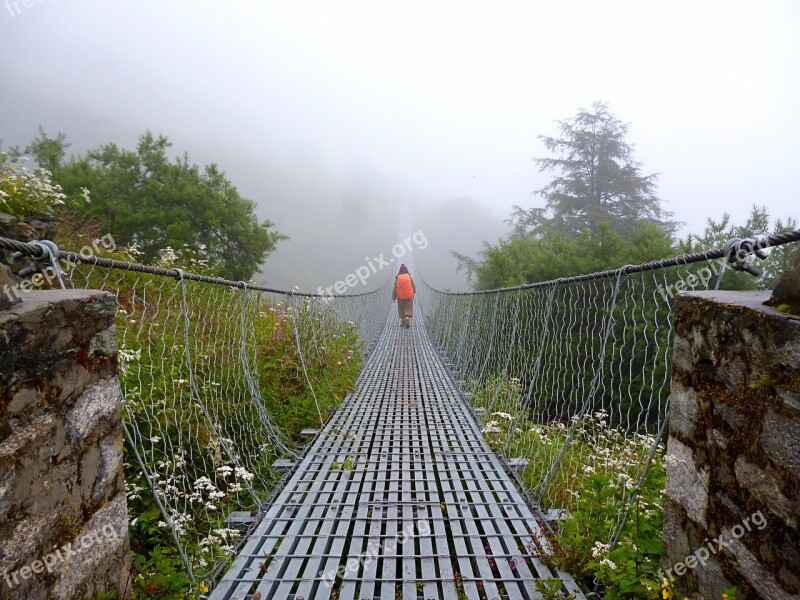 Bridge Suspension Bridge Trekking Fog Nepal