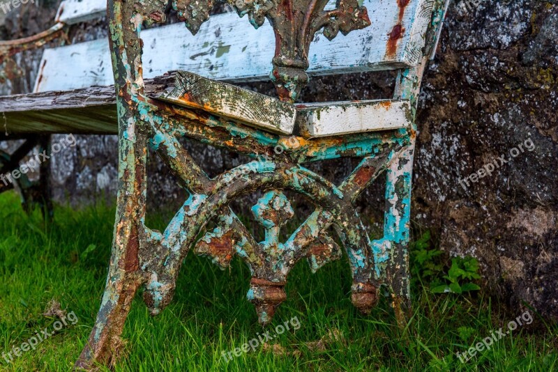 Park Bench Old Grass Rusty White