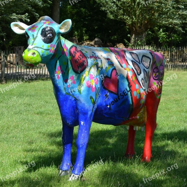 Cow Sculpture Figure Painted Colorful