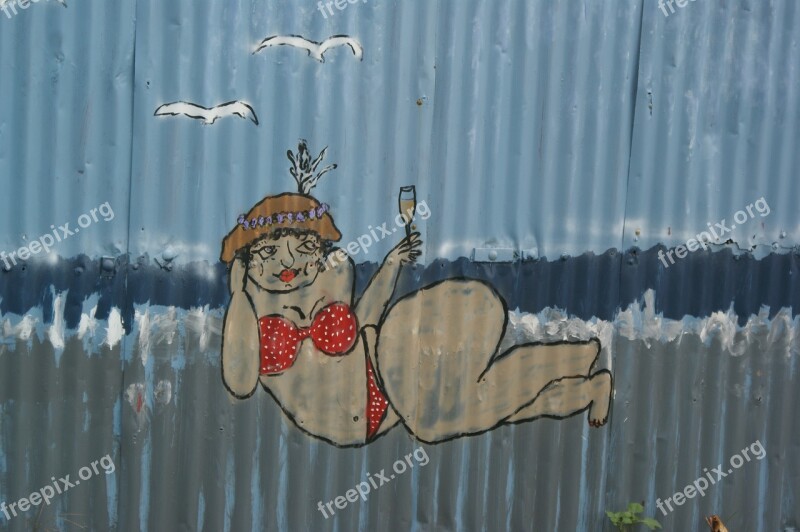 Fence Corrugated Iron Painting Beach Woman