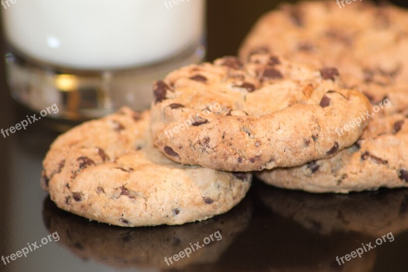 Chocolate Chip Cookies Milk Food Snack Baked