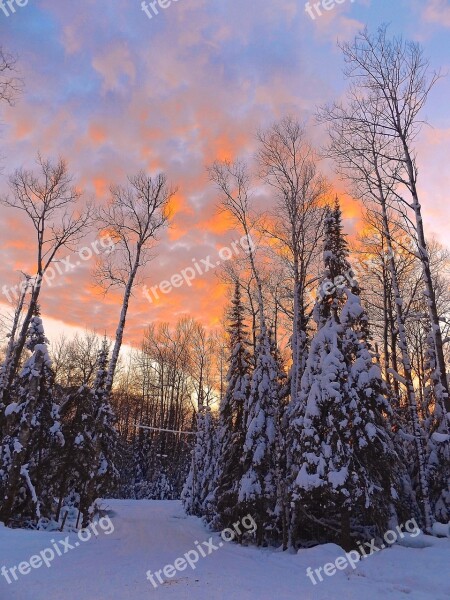 Winter Sunset Landscape Snow Nature