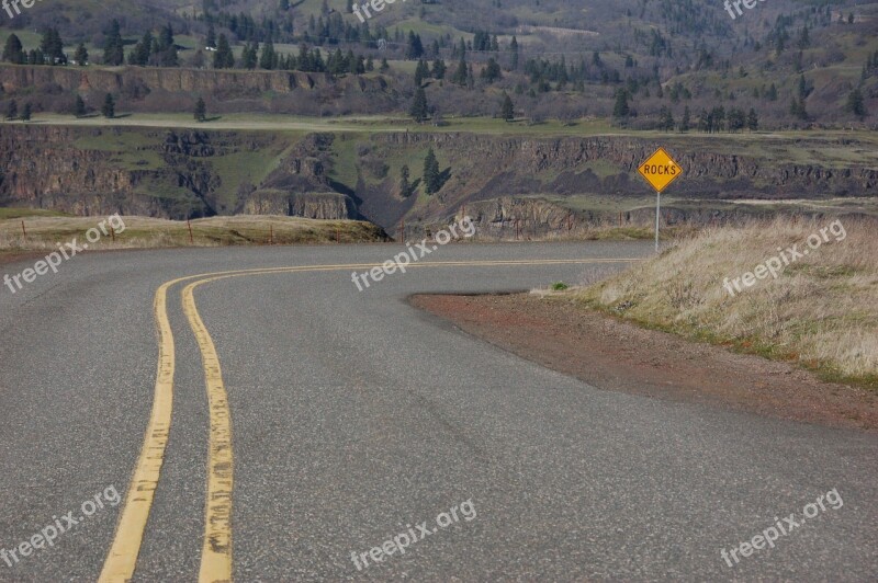 Road Yellow Lines Rocks Sign Columbia Gorge