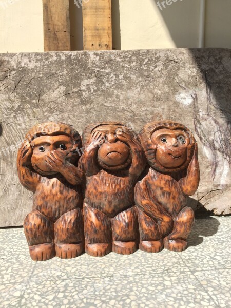 Three Monkeys Monkey Wood Head Three No Monkey Statue