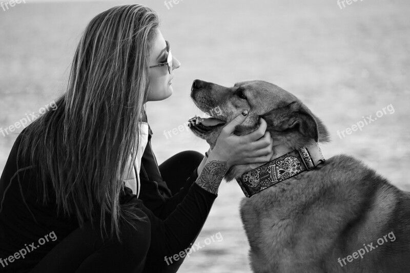 Girl Dog Ocean Black And White Tattoo