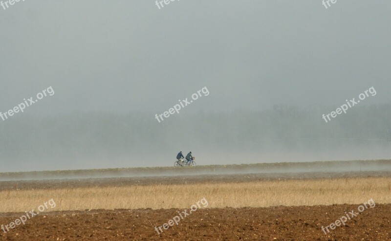 Bikes Fields Mist Landscape Field