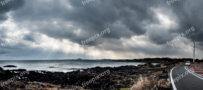 Jeju Island Coastal Road Light Down Free Photos