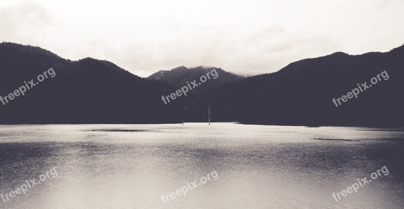 River Back And White Landscape Hills Mountain