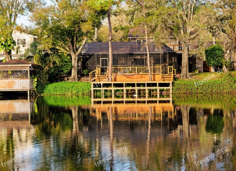 House Lake House Forest Jetty Reflection