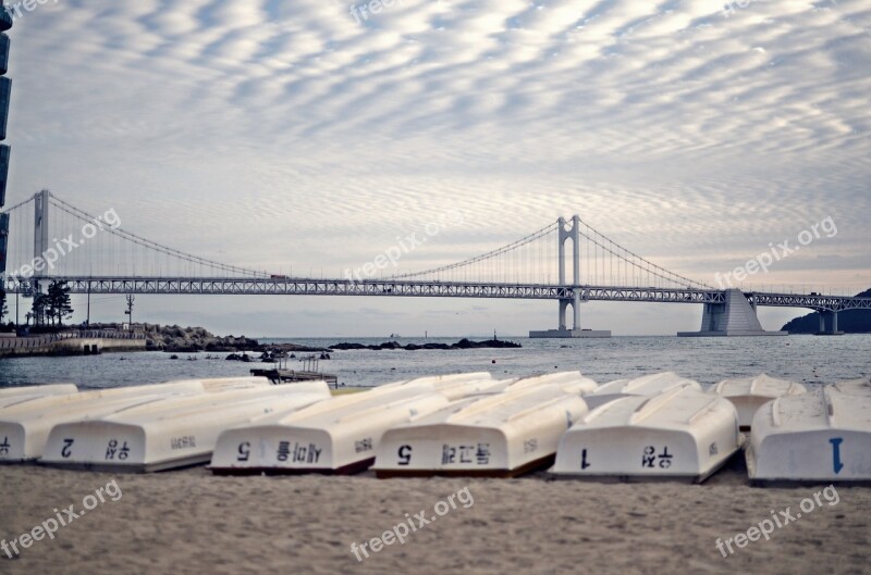 Busan Gwangan Bridge Diamond Bridge Boats Beach