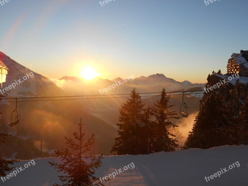 Sunset Mountains Snow Winter Sky