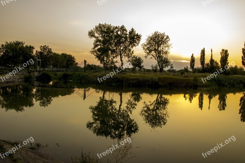 Lake Sunset Reflection Water Sky