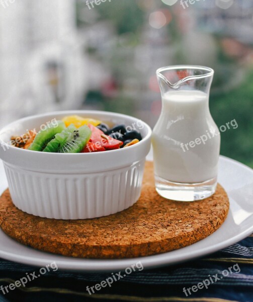 Bowl Fruit Milk Food Meal